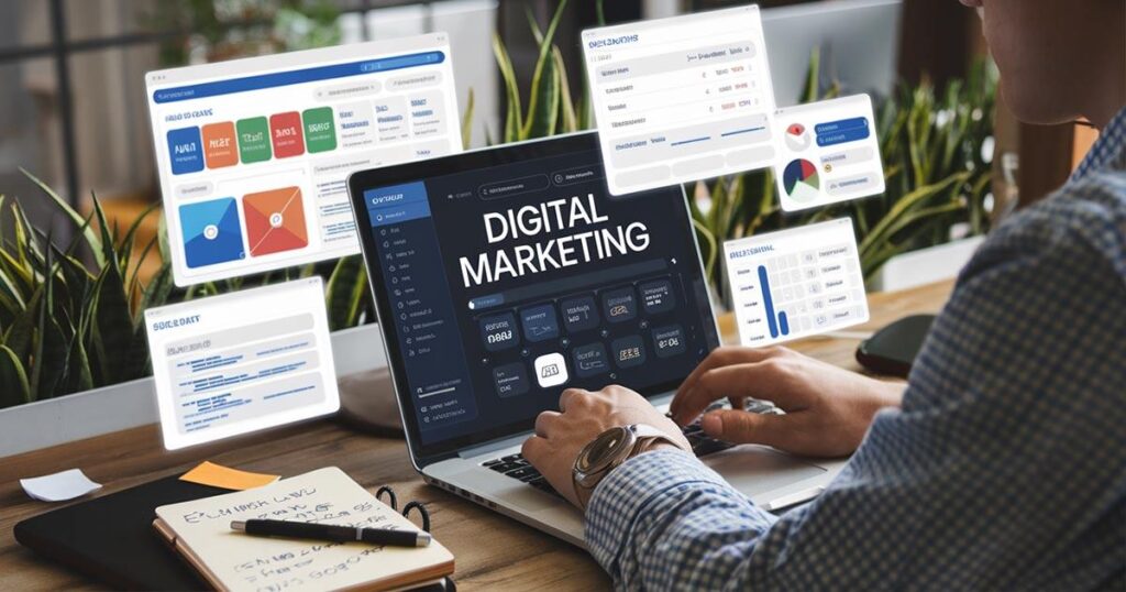 Digital Marketing in 2026 guide with SEO, AI, social media, and content marketing illustration