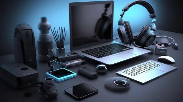 Modern digital marketing workspace with laptop, notebook and tablet